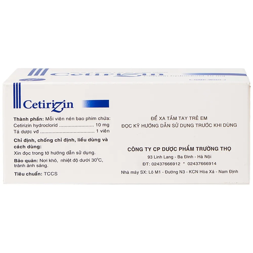 Hình ảnh Thuốc Cetirizin 10mg Trường Thọ trị ngứa ngoài da do dị ứng (10 vỉ x 10 viên)