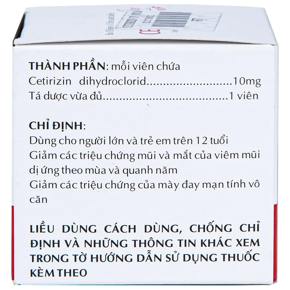 Hình ảnh Thuốc Cetirizin 10mg Thành Nam điều trị viêm mũi dị ứng, mày đay (10 vỉ x 10 viên)