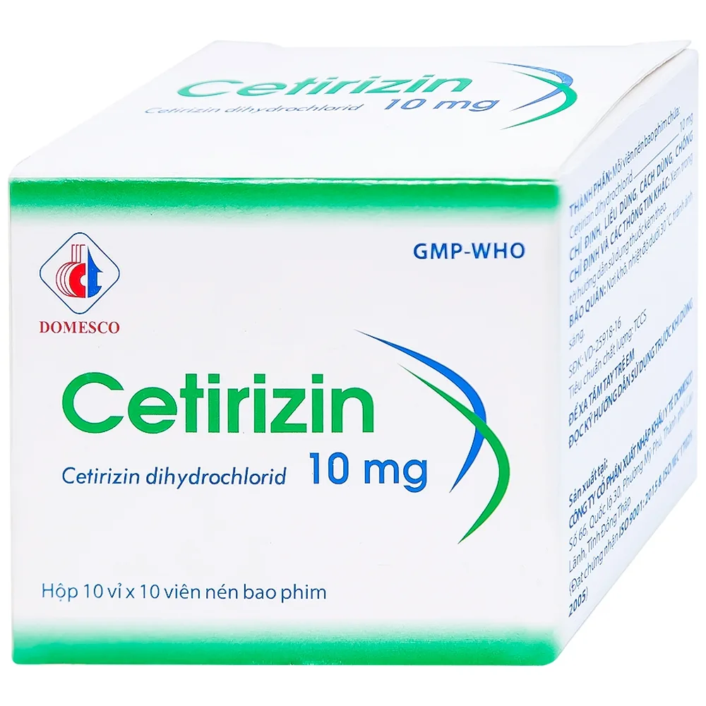Hình ảnh Thuốc Cetirizin 10mg Domesco điều trị viêm mũi dị ứng, mày đay (10 vỉ x 10 viên)