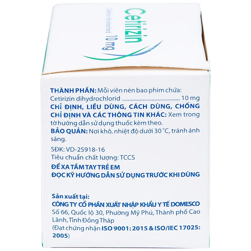 Hình ảnh Thuốc Cetirizin 10mg Domesco điều trị viêm mũi dị ứng, mày đay (10 vỉ x 10 viên)