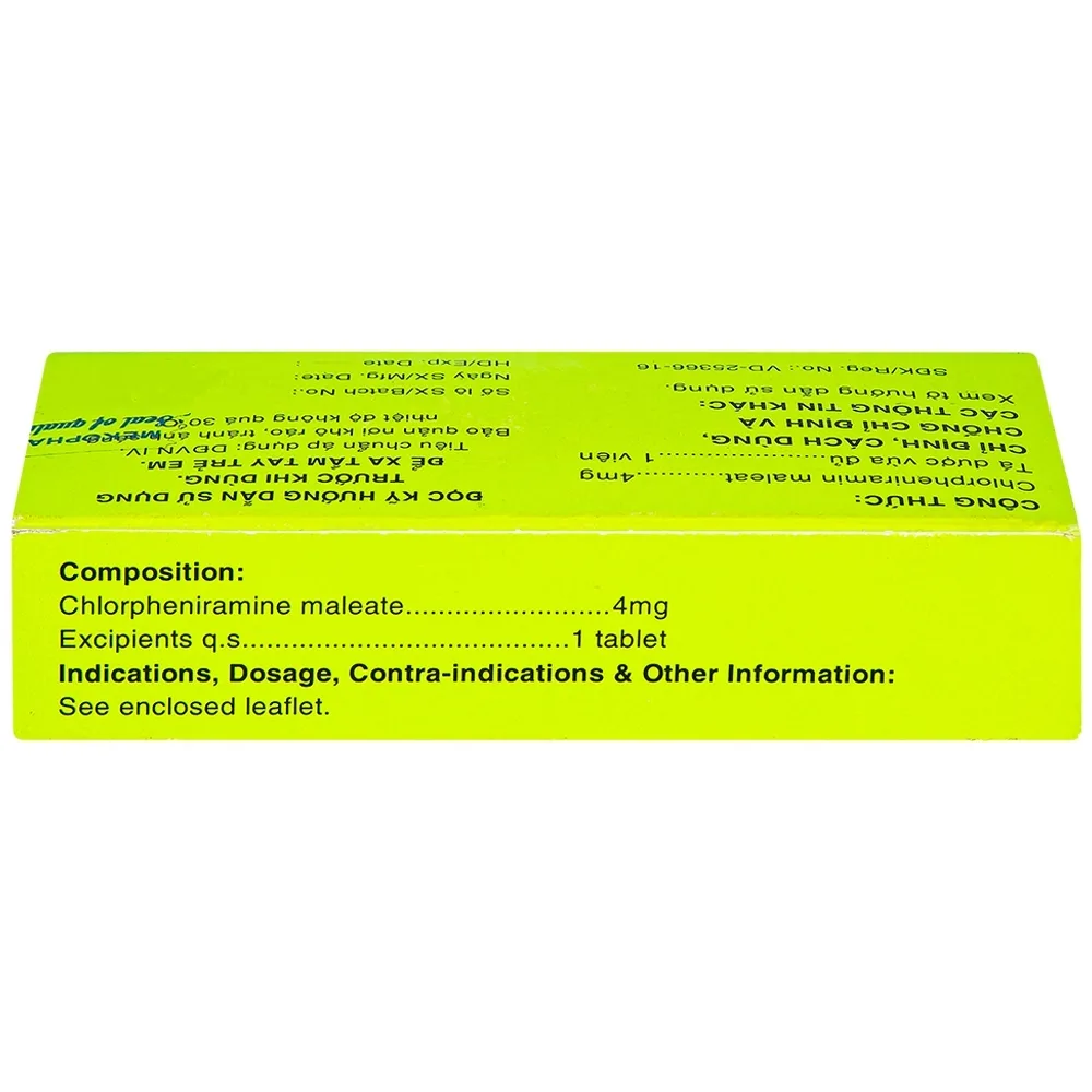 Hình ảnh Thuốc Chlorpheniramine 4mg Mekophar điều trị viêm mũi dị ứng mùa và quanh năm (5 vỉ x 20 viên)