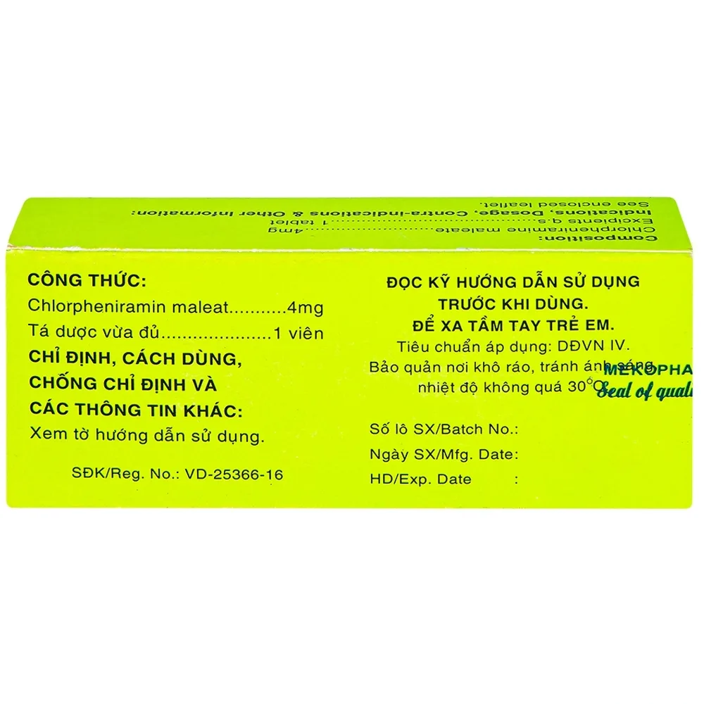 Hình ảnh Thuốc Chlorpheniramine 4mg Mekophar điều trị viêm mũi dị ứng mùa và quanh năm (5 vỉ x 20 viên)