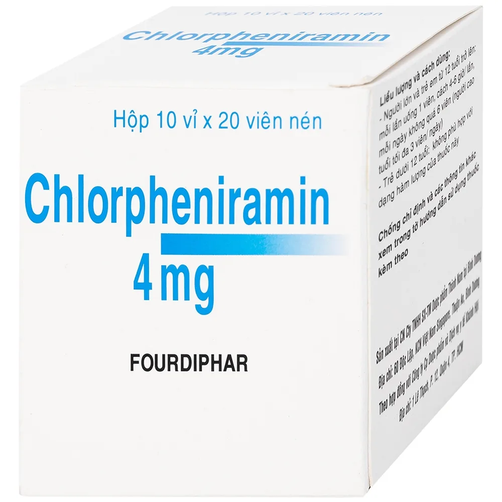 Hình ảnh Thuốc Chlorpheniramin 4mg Fourdiphar điều trị viêm mũi dị ứng, mày đay (10 vỉ x 20 viên)