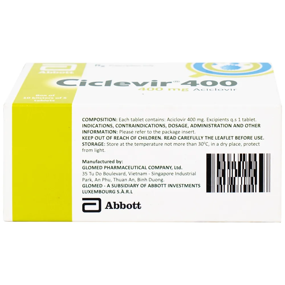 Hình ảnh Thuốc Ciclevir 400mg Abbott điều trị nhiễm virus Herpes simplex tuýp 1 và 2 (10 vỉ x 5 viên)