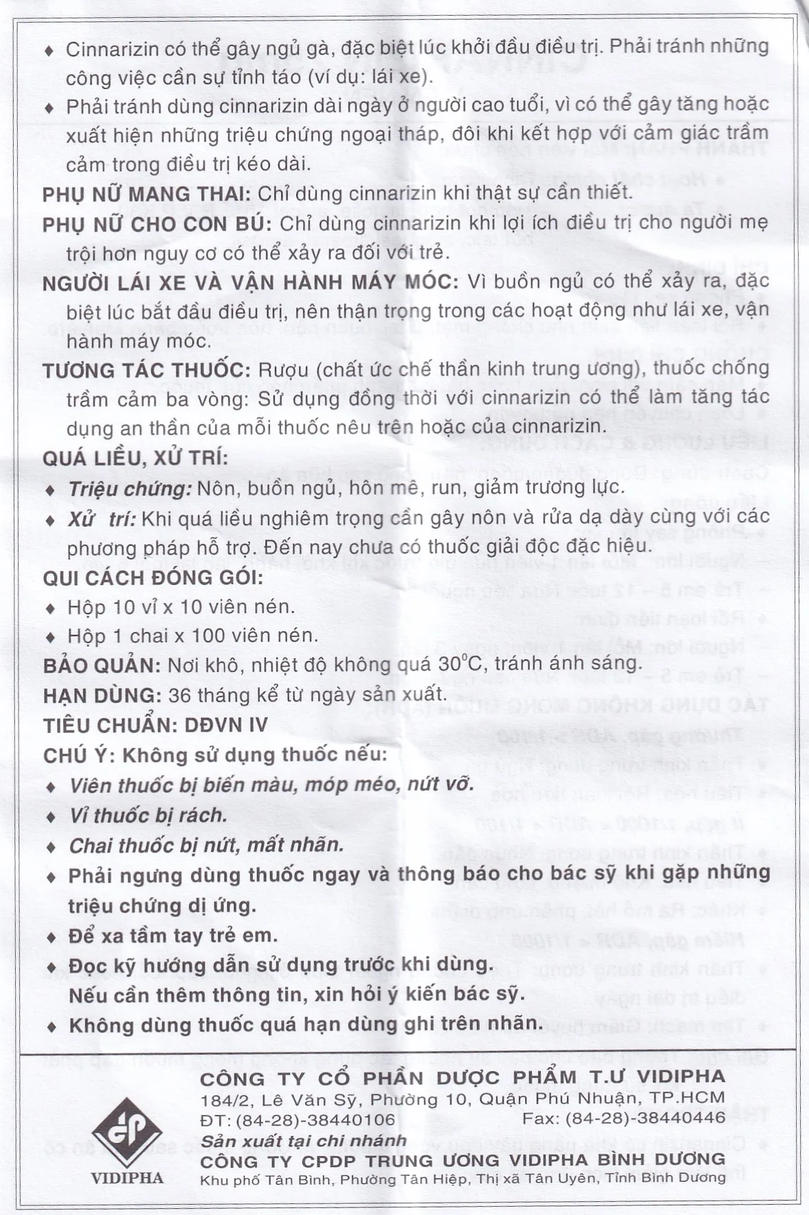Hình ảnh Thuốc Cinnarizin 25mg Vidipha phòng say tàu xe, rối loạn tiền đình (100 viên)