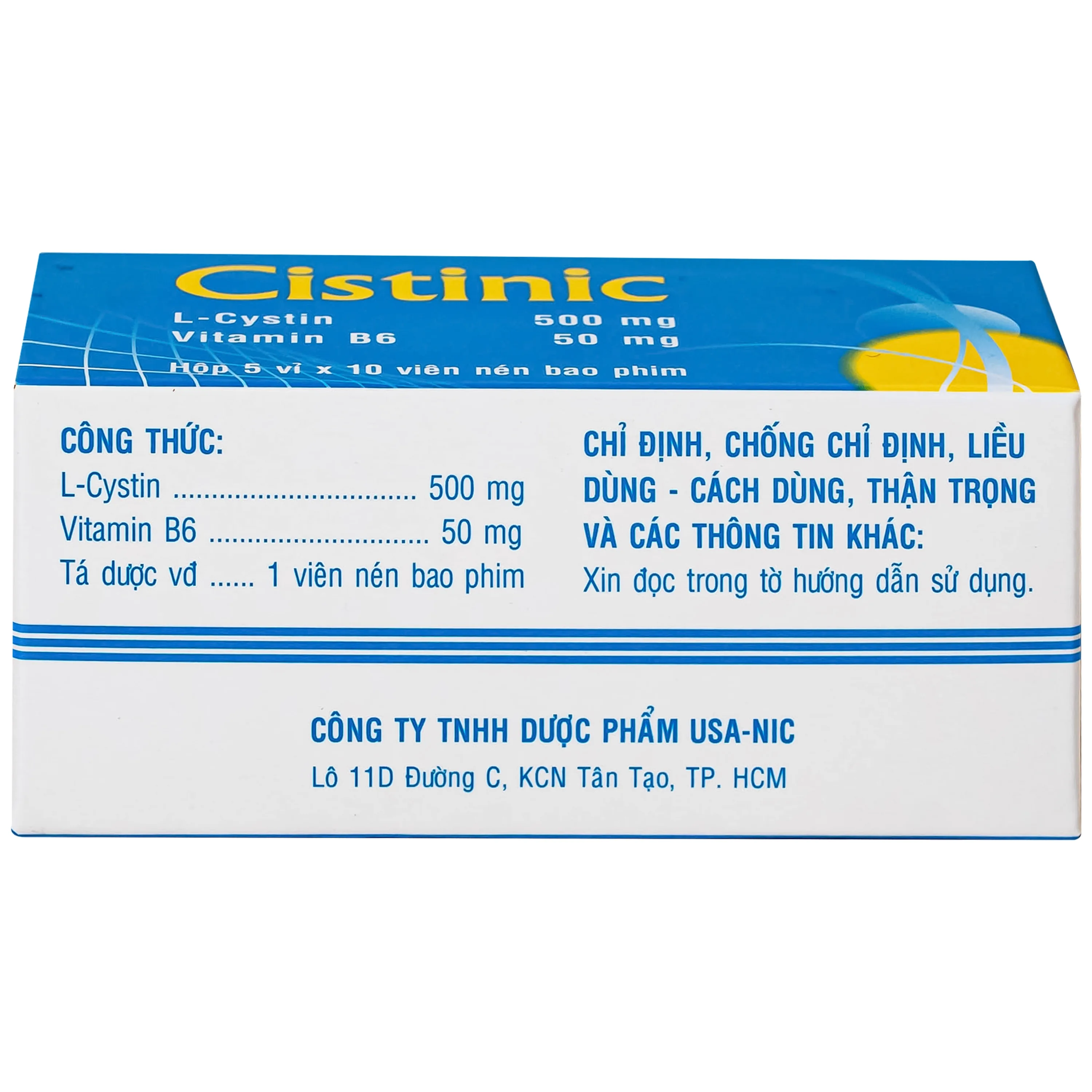 Hình ảnh Thuốc Cistinic 500/50mg Usa-Nic Pharma Điều trị bệnh lý liên quan đến tóc, loạn dưỡng móng, chậm liền sẹo giác mạc (5 vỉ x 10 viên)