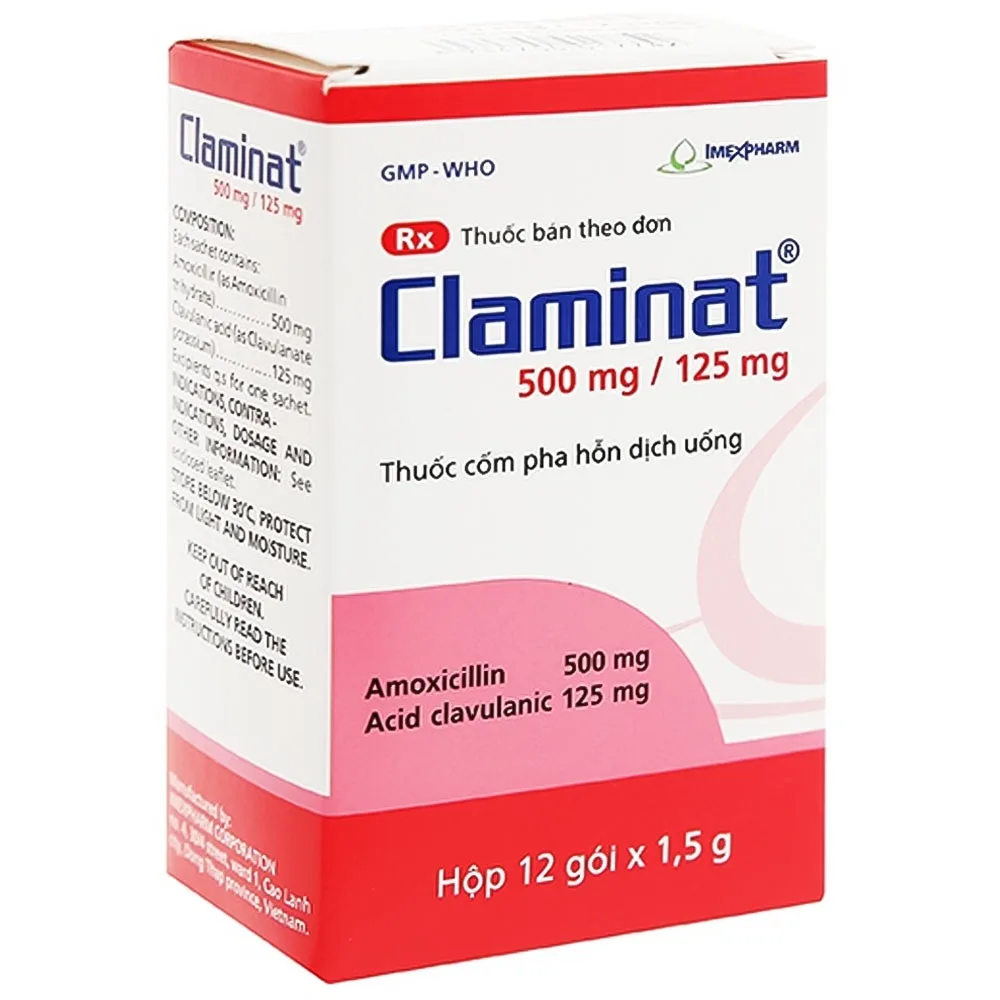 Hình ảnh Thuốc Claminat 500mg/125mg Imexpharm điều trị nhiễm khuẩn (12 gói x 1.5g)