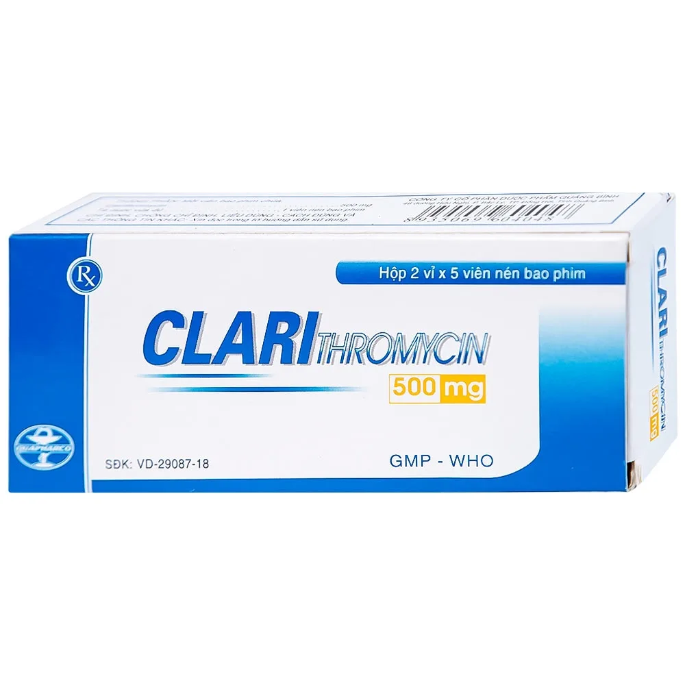 Hình ảnh Thuốc Clarithromycin 500mg Quapharco điều trị nhiễm khuẩn đường hô hấp (2 vỉ x 5 viên)