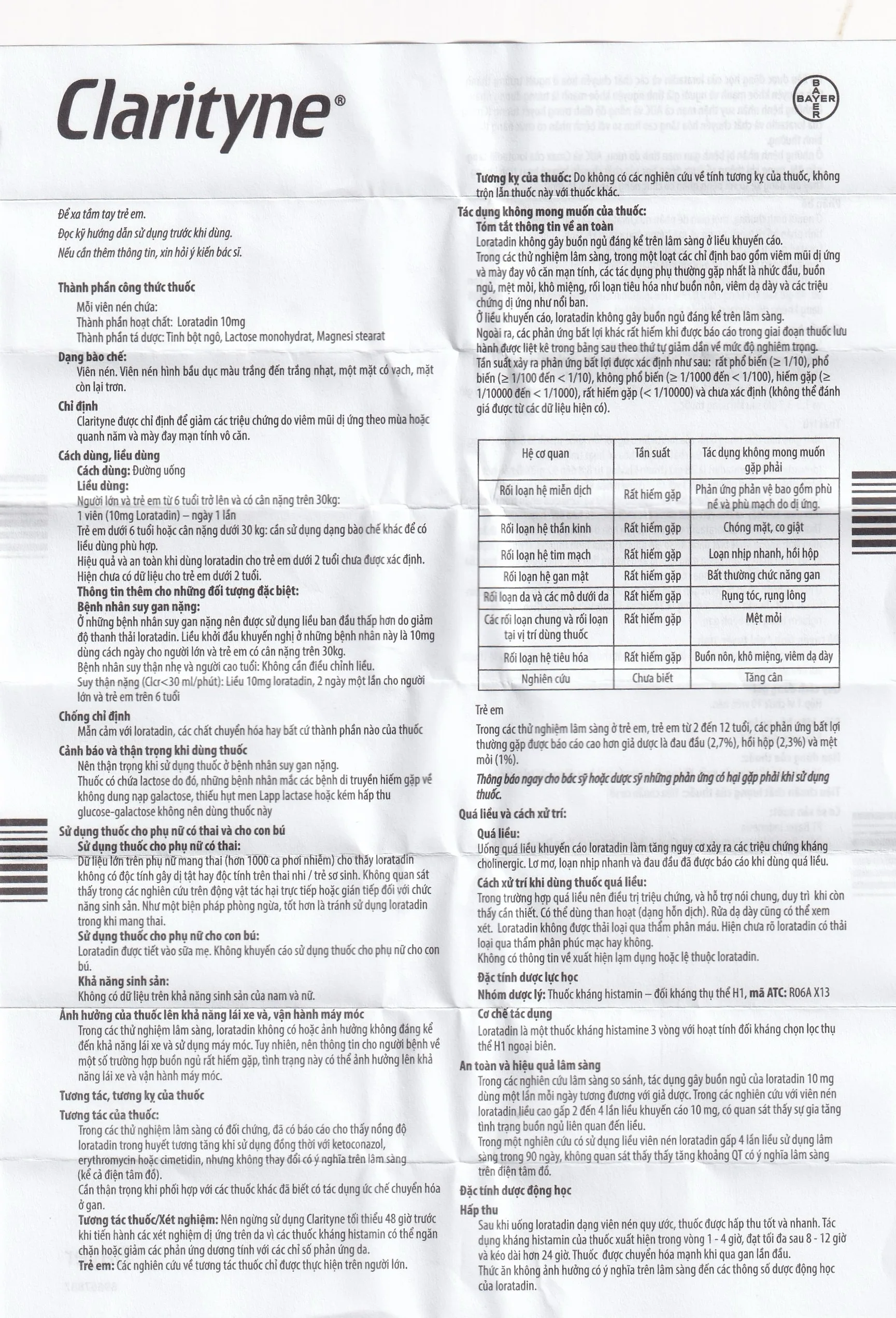 Hình ảnh Thuốc Clarityne 10mg Bayer giảm các triệu chứng do viêm mũi dị ứng và mày đay mạn tính vô căn (1 vỉ x 10 viên)