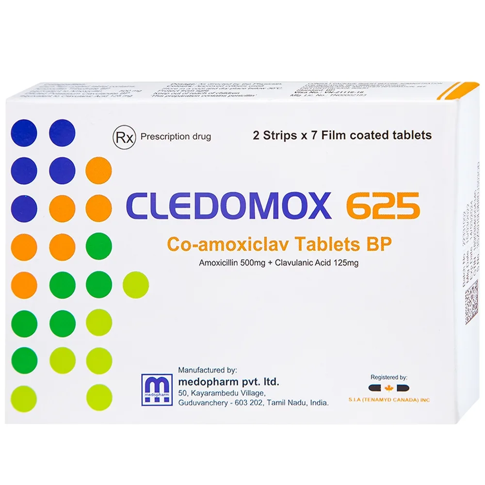 Hình ảnh Thuốc Cledomox 625 Tenamyd điều trị các trường hợp nhiễm khuẩn (2 vỉ x 7 viên)