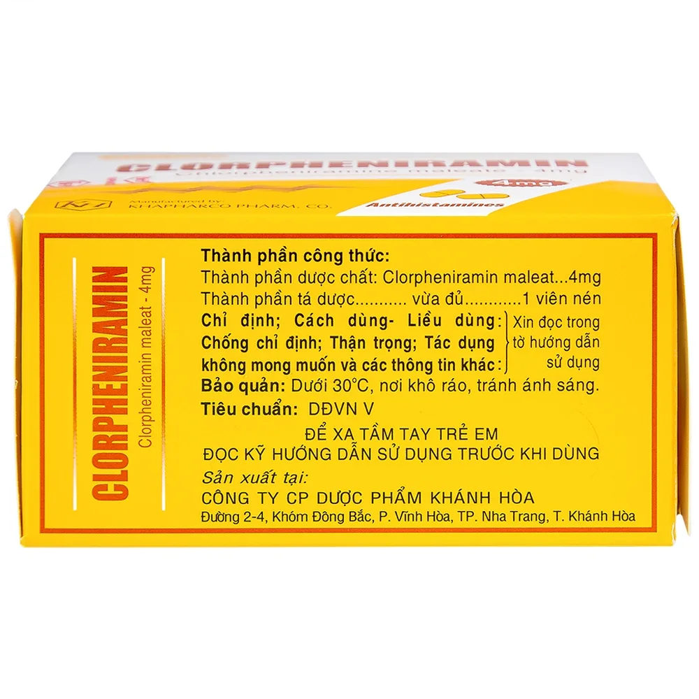 Hình ảnh Thuốc Clorpheniramin 4mg Khapharco điều trị triệu chứng viêm mũi dị ứng theo mùa, quanh năm và mày đay (10 vỉ x 20 viên)