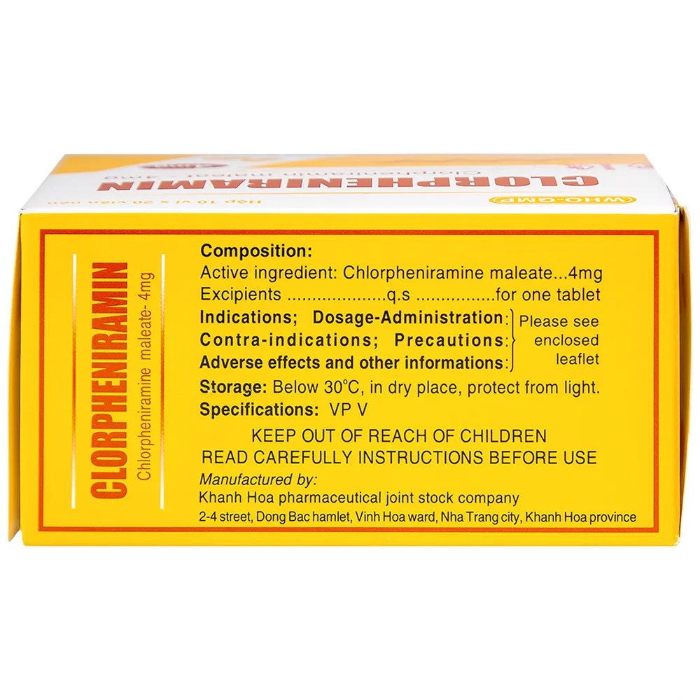 Hình ảnh Thuốc Clorpheniramin 4mg Khapharco điều trị triệu chứng viêm mũi dị ứng theo mùa, quanh năm và mày đay (10 vỉ x 20 viên)