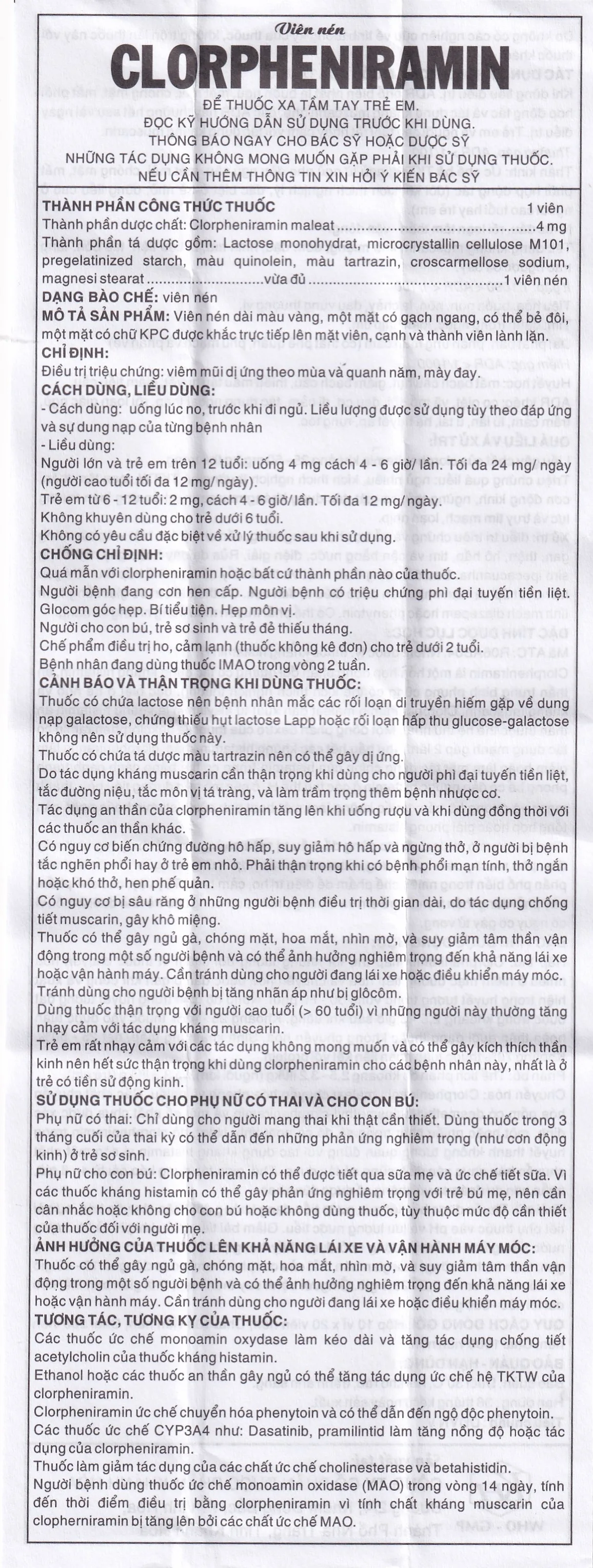 Hình ảnh Thuốc Clorpheniramin 4mg Khapharco điều trị triệu chứng viêm mũi dị ứng theo mùa, quanh năm và mày đay (10 vỉ x 20 viên)