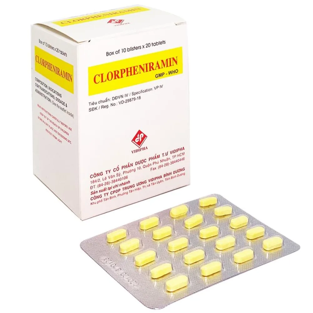 Hình ảnh Thuốc Clorpheniramin Vidipha điều trị viêm mũi dị ứng theo mùa, quanh năm và mày đay (10 vỉ x 20 viên)