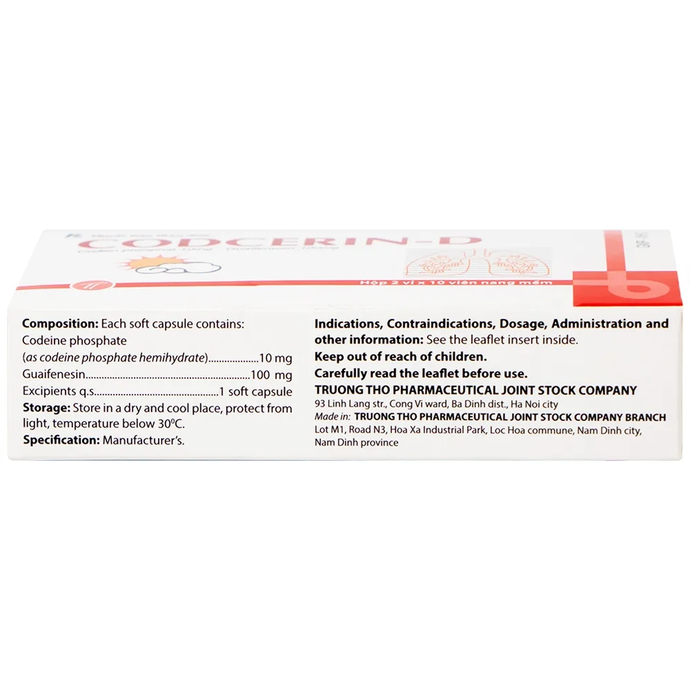 Hình ảnh Thuốc CODCERIN-D Trường Thọ điều trị triệu chứng ho khan, ho có đờm, ho do dị ứng (2 vỉ x 10 viên)