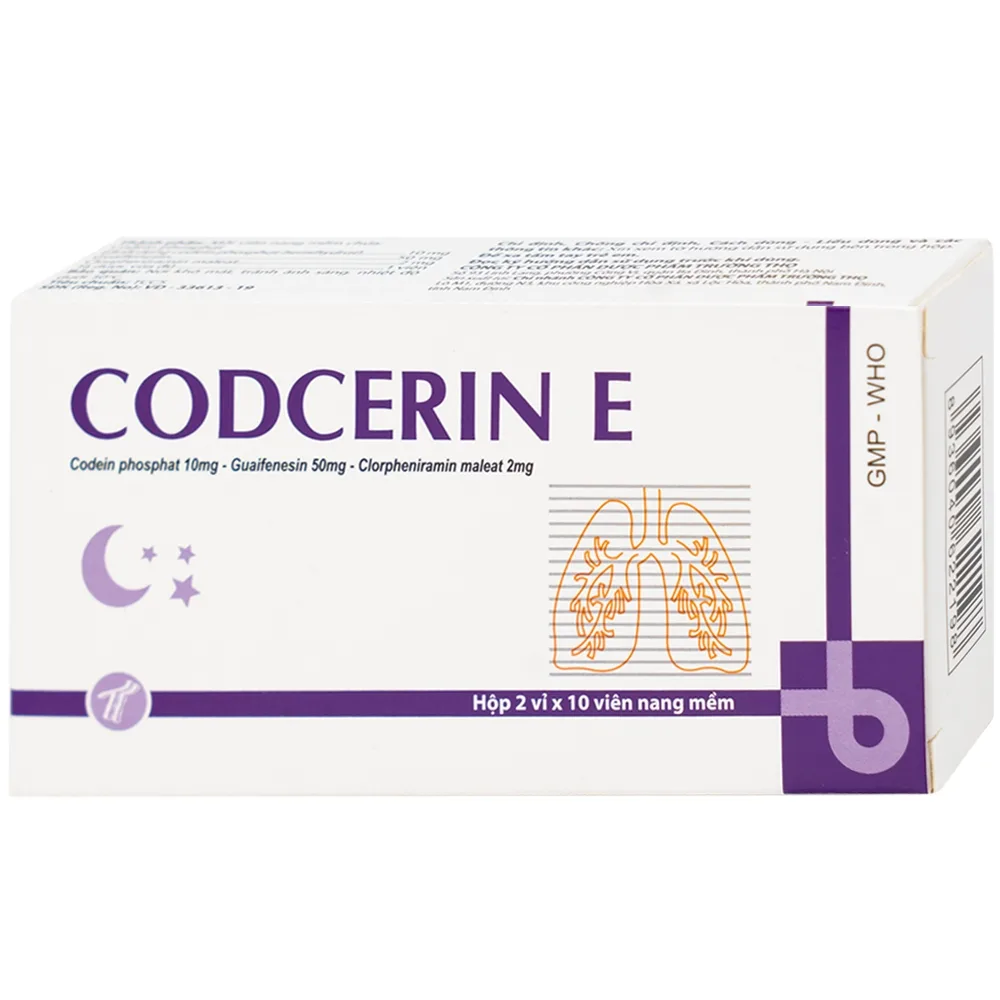 Hình ảnh Thuốc Codcerin E Trường Thọ điều trị viêm phế quản, viêm họng, viêm phổi, ho do kích ứng (2 vỉ x 10 viên)