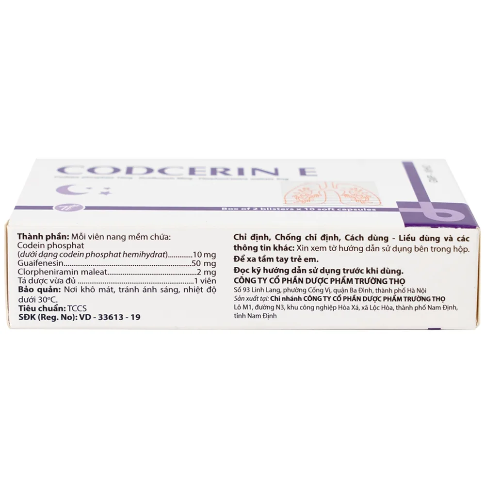 Hình ảnh Thuốc Codcerin E Trường Thọ điều trị viêm phế quản, viêm họng, viêm phổi, ho do kích ứng (2 vỉ x 10 viên)