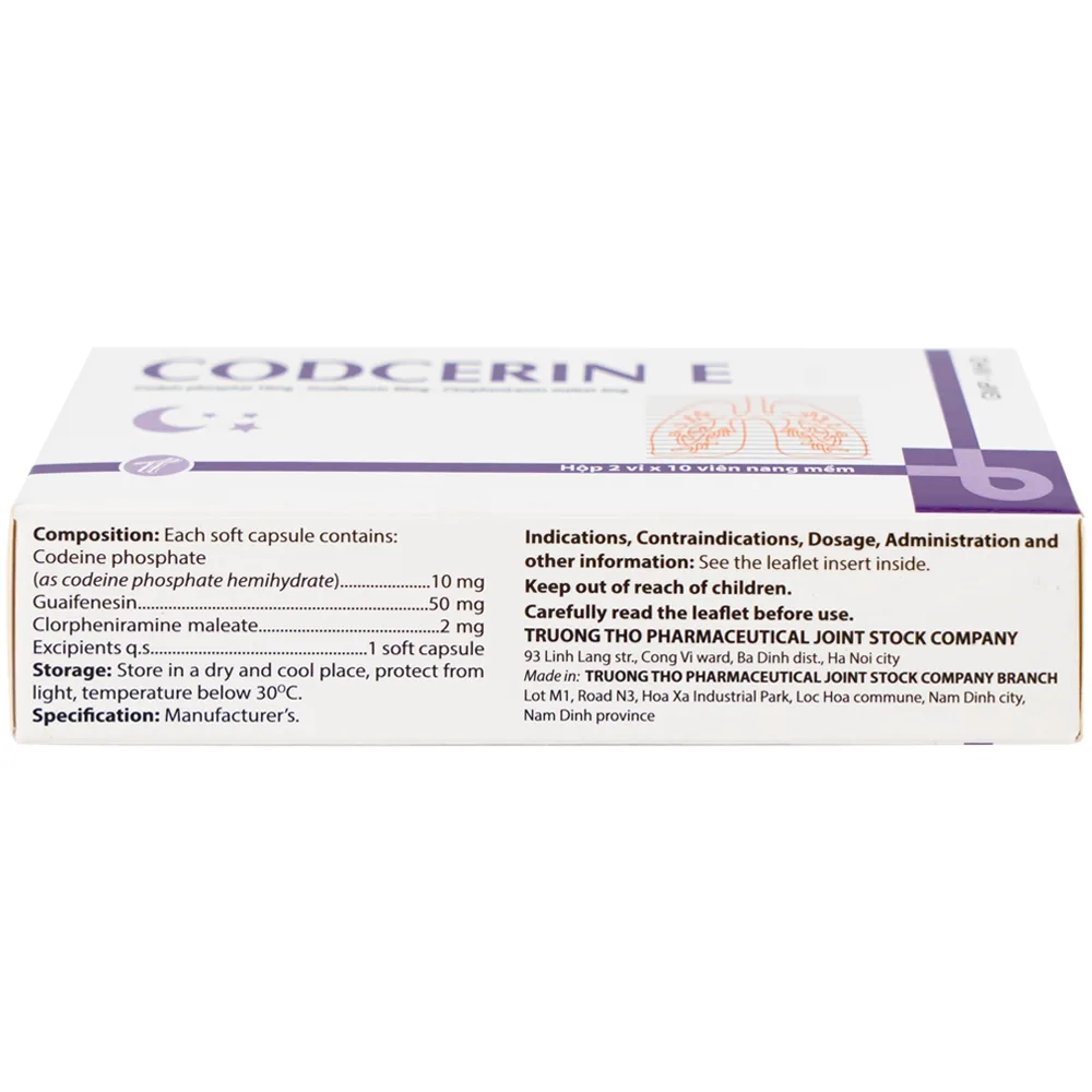 Hình ảnh Thuốc Codcerin E Trường Thọ điều trị viêm phế quản, viêm họng, viêm phổi, ho do kích ứng (2 vỉ x 10 viên)