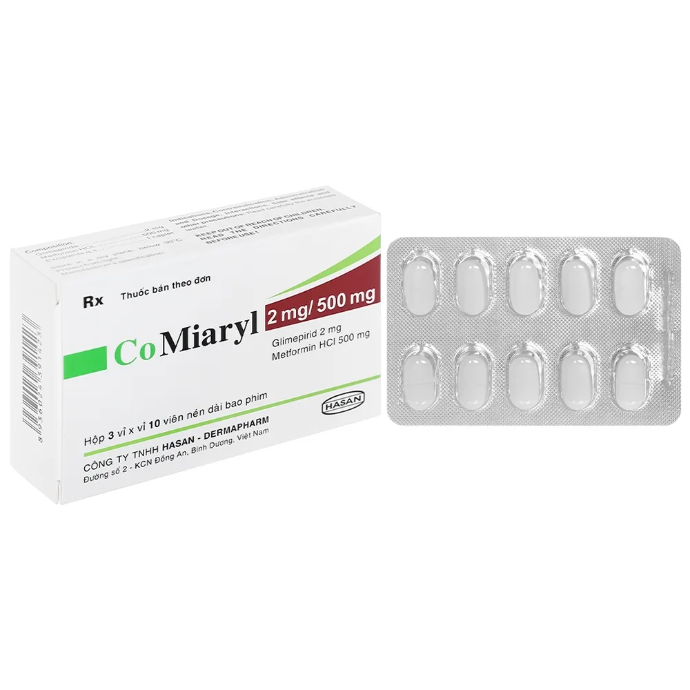 Hình ảnh Thuốc CoMiaryl 2mg/500mg Hasan điều trị đái tháo đường típ 2 (3 vỉ x 10 viên)