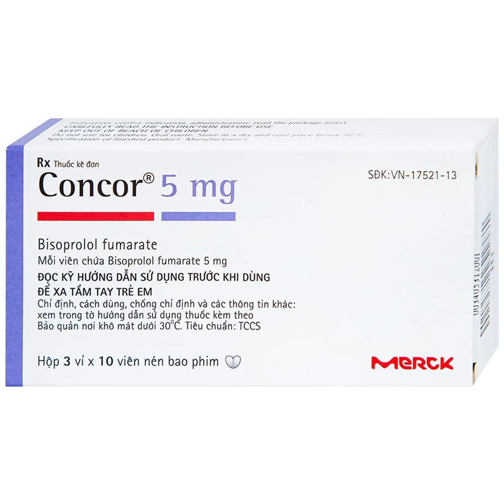 Hình ảnh Thuốc Concor 5mg Merck điều trị tăng huyết áp, đau thắt ngực (3 vỉ x 10 viên)
