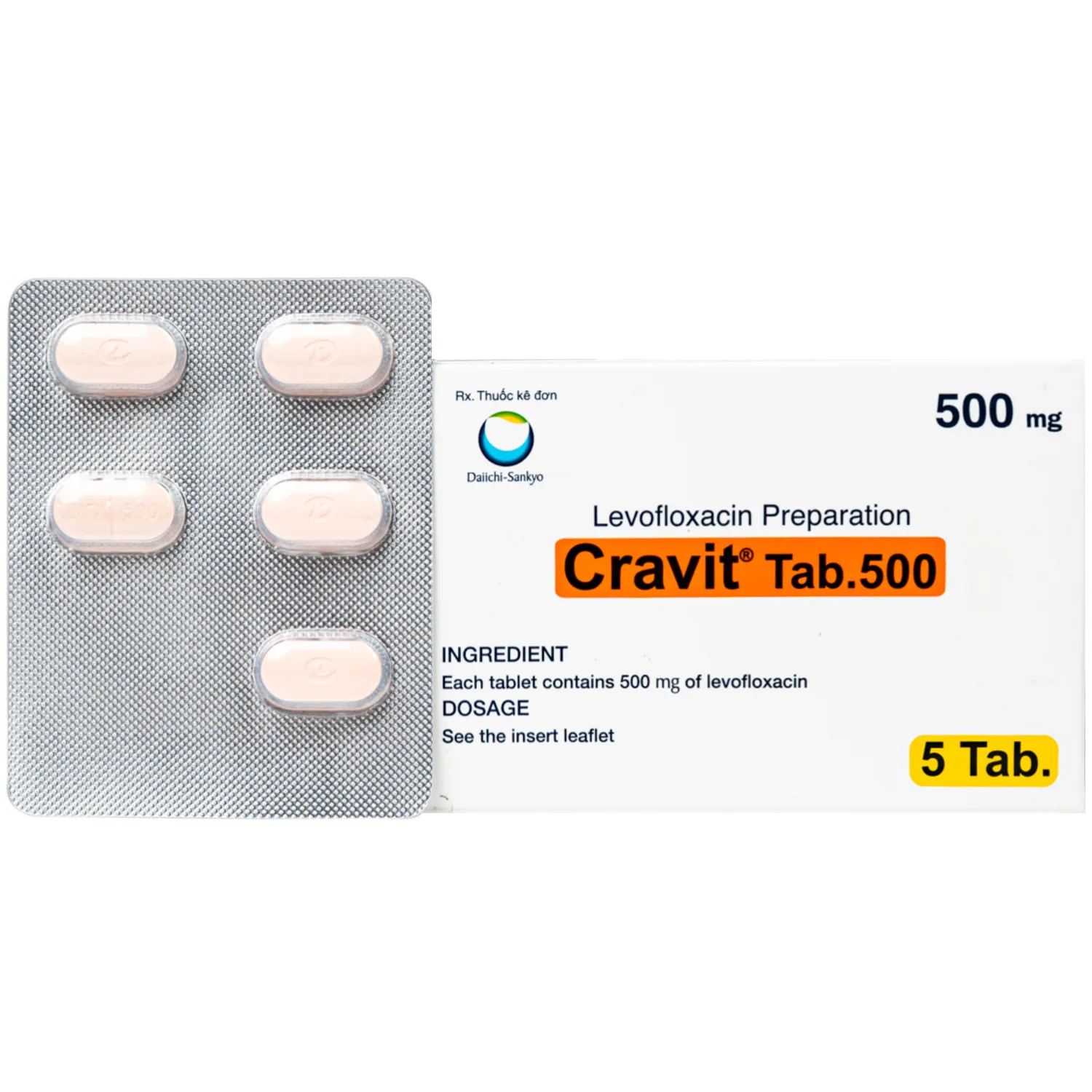 Hình ảnh Thuốc Cravit Tab 500mg Daiichi-Sankyo điều trị nhiễm khuẩn nhẹ, trung bình và nghiêm trọng do các chủng nhạy của các vi sinh vật (1 vỉ x 5 viên)