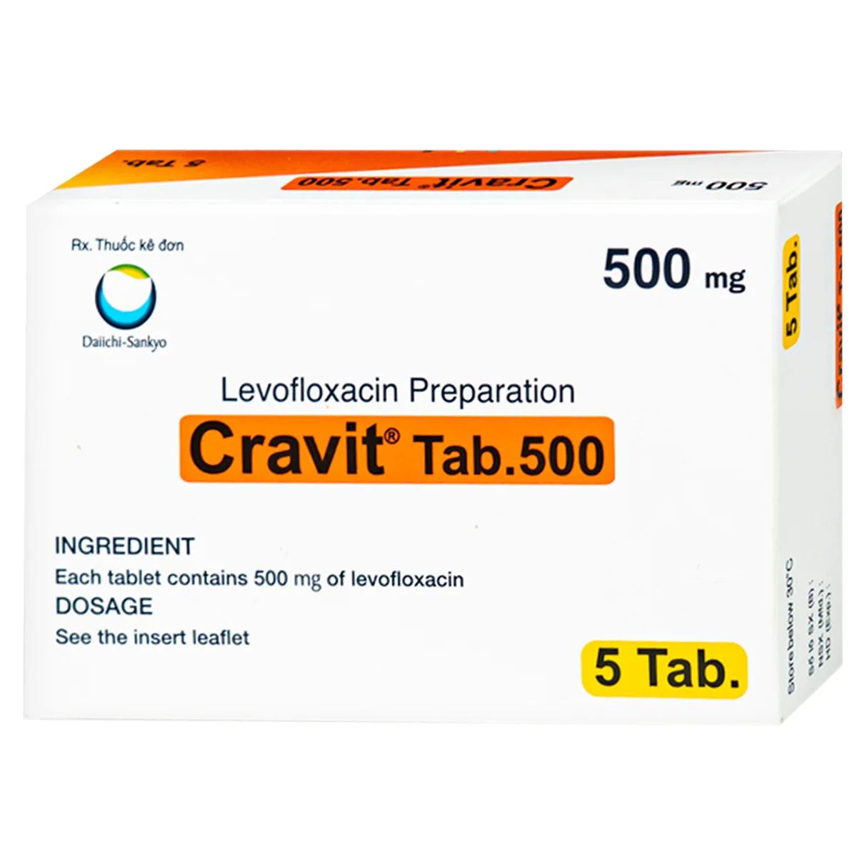 Hình ảnh Thuốc Cravit Tab 500mg Daiichi-Sankyo điều trị nhiễm khuẩn nhẹ, trung bình và nghiêm trọng do các chủng nhạy của các vi sinh vật (1 vỉ x 5 viên)