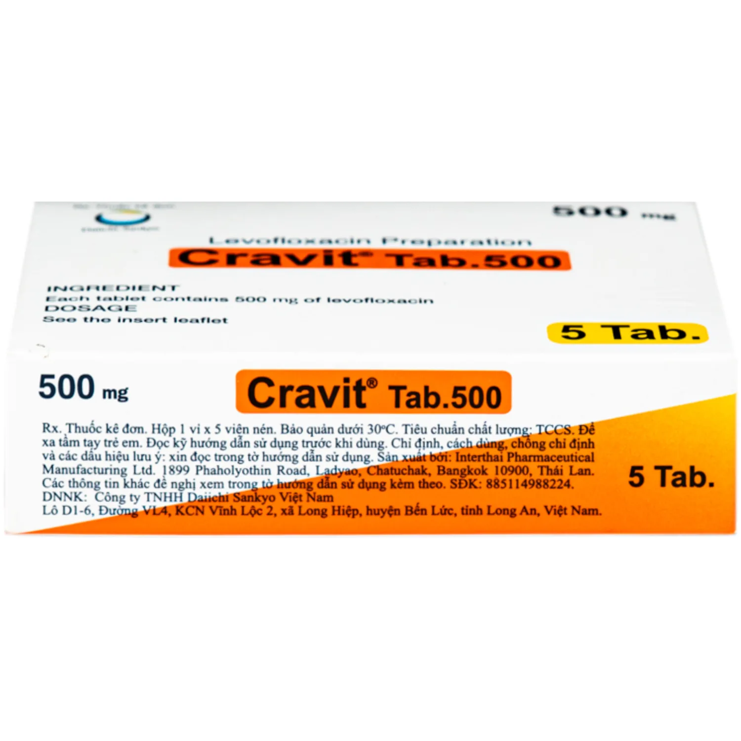 Hình ảnh Thuốc Cravit Tab 500mg Daiichi-Sankyo điều trị nhiễm khuẩn nhẹ, trung bình và nghiêm trọng do các chủng nhạy của các vi sinh vật (1 vỉ x 5 viên)