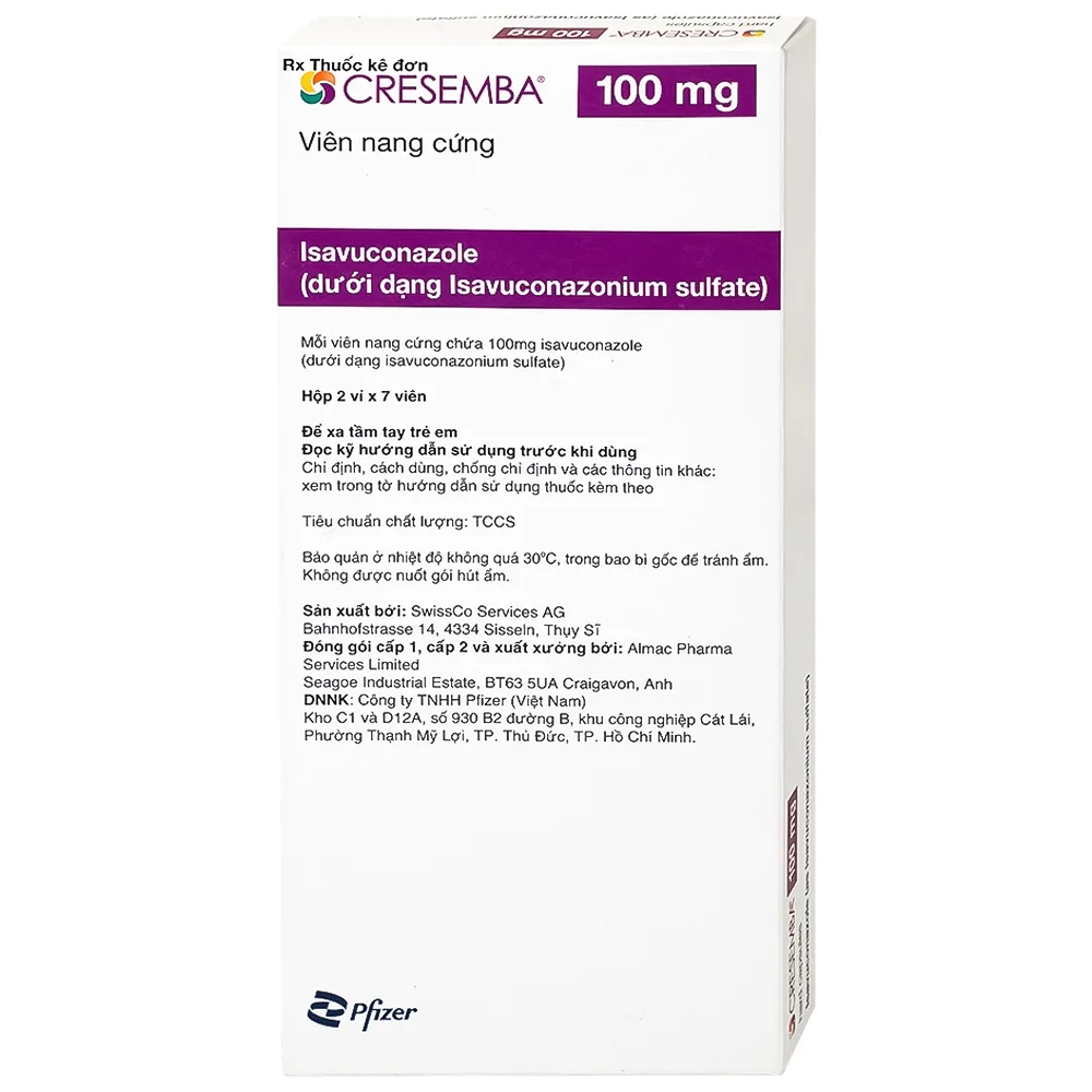 Hình ảnh Thuốc Cresemba 100mg Pfizer điều trị nhiễm nấm Aspergillus xâm lấn và nhiễm nấm Mucorales (2 vỉ x 7 viên)