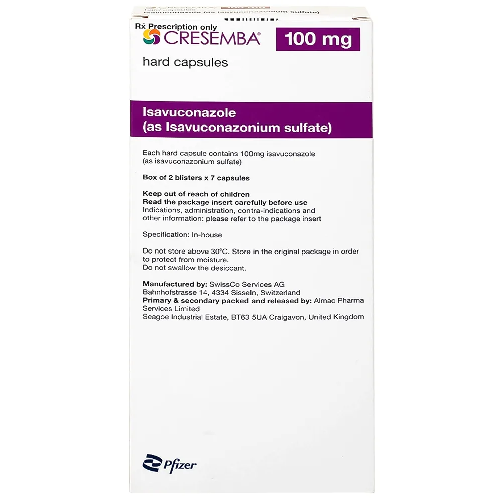 Hình ảnh Thuốc Cresemba 100mg Pfizer điều trị nhiễm nấm Aspergillus xâm lấn và nhiễm nấm Mucorales (2 vỉ x 7 viên)