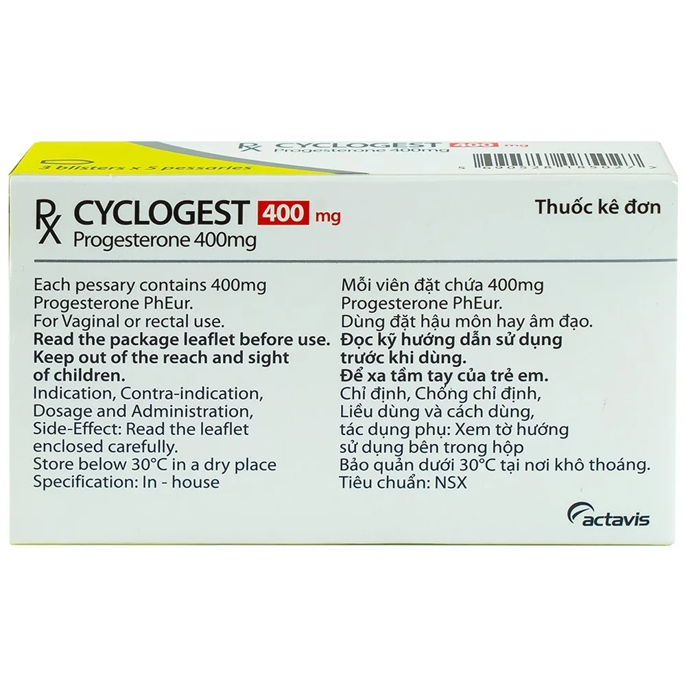 Hình ảnh Viên đặt Cyclogest 400mg Actavis điều trị các hội chứng tiền kinh, trầm cảm (3 vỉ x 5 viên)