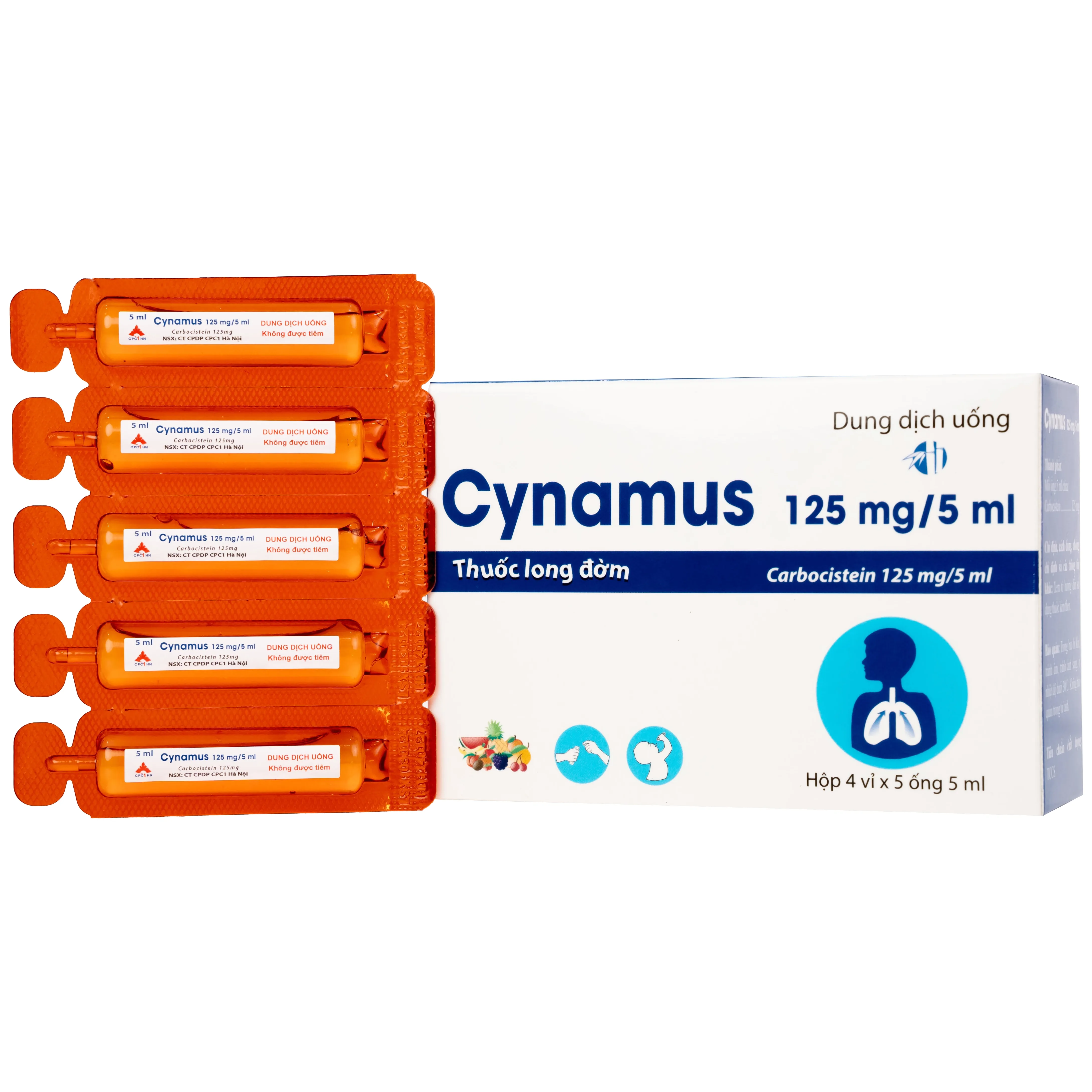Hình ảnh Dung dịch uống Cynamus 125mg/5ml CPC1HN dùng khi ho có đàm, tăng tiết nhiều đàm (4 vỉ x 5 ống)