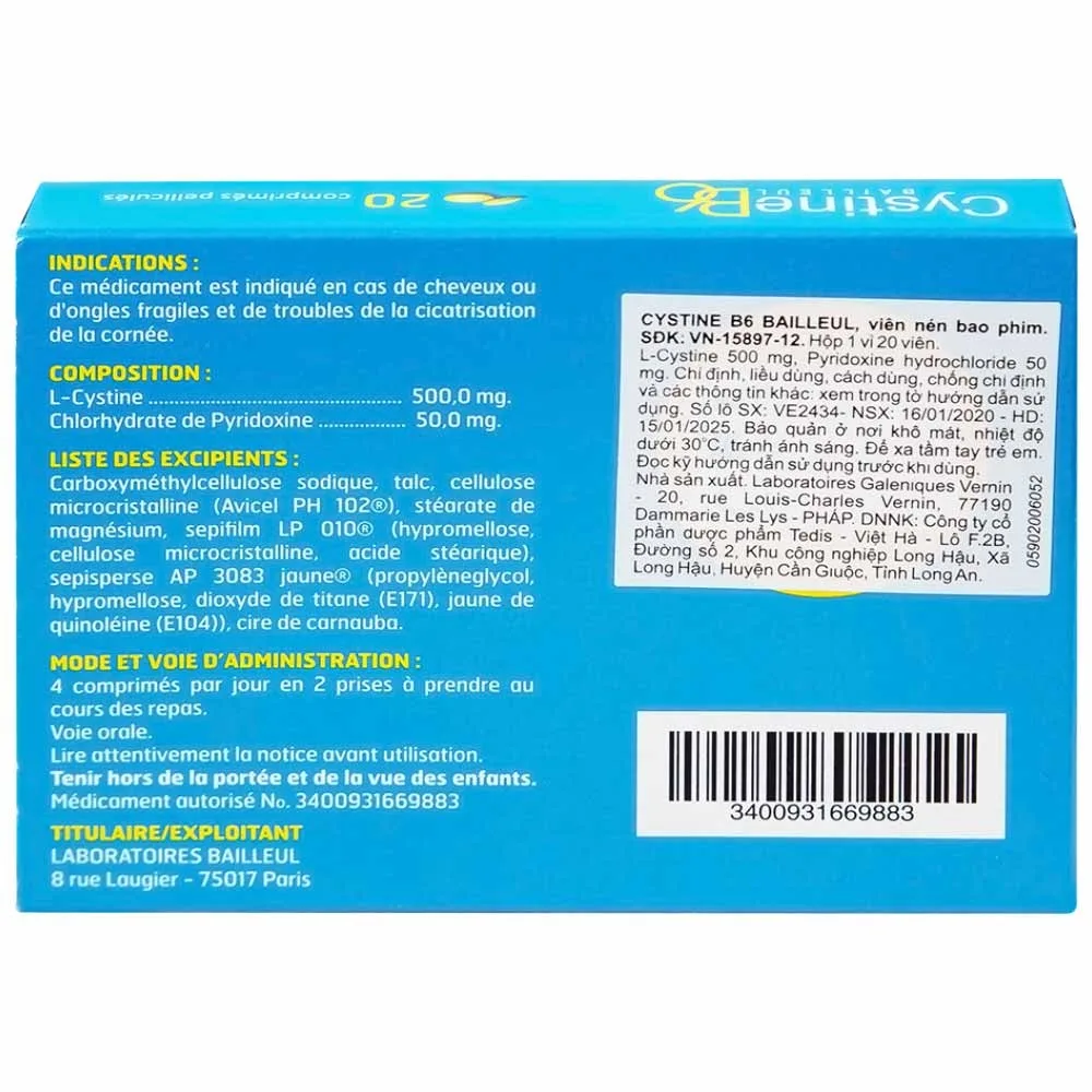 Hình ảnh Thuốc Cystine B6 500mg Galeniques Vernin điều trị các bệnh lý liên quan đến tóc và loạn dưỡng móng (20 viên)