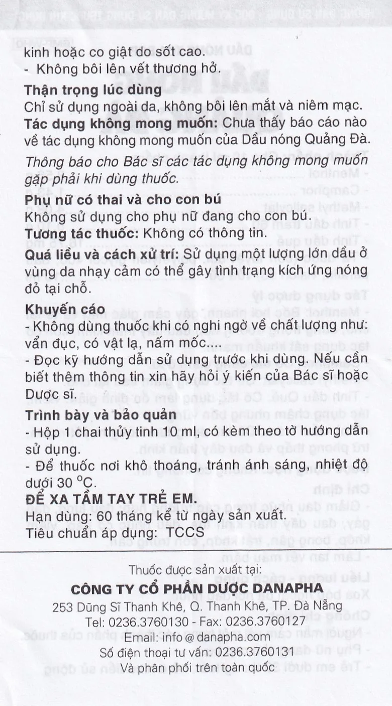 Hình ảnh Dầu nóng Quảng Đà Danapha giảm đau lưng, đau gáy, đau dây thần kinh tọa (10ml)