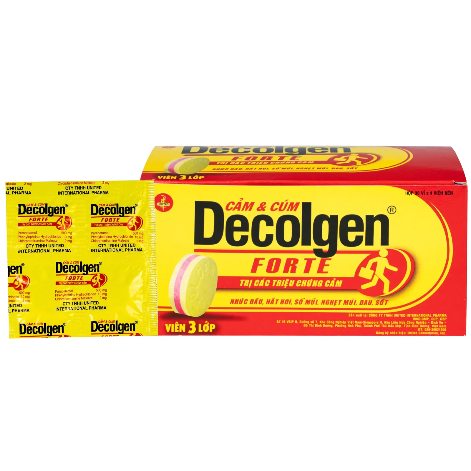 Hình ảnh Thuốc Decolgen Forte United giảm các triệu chứng cảm cúm, sốt, đau họng, nghẹt mũi (30 vỉ x 4 viên)