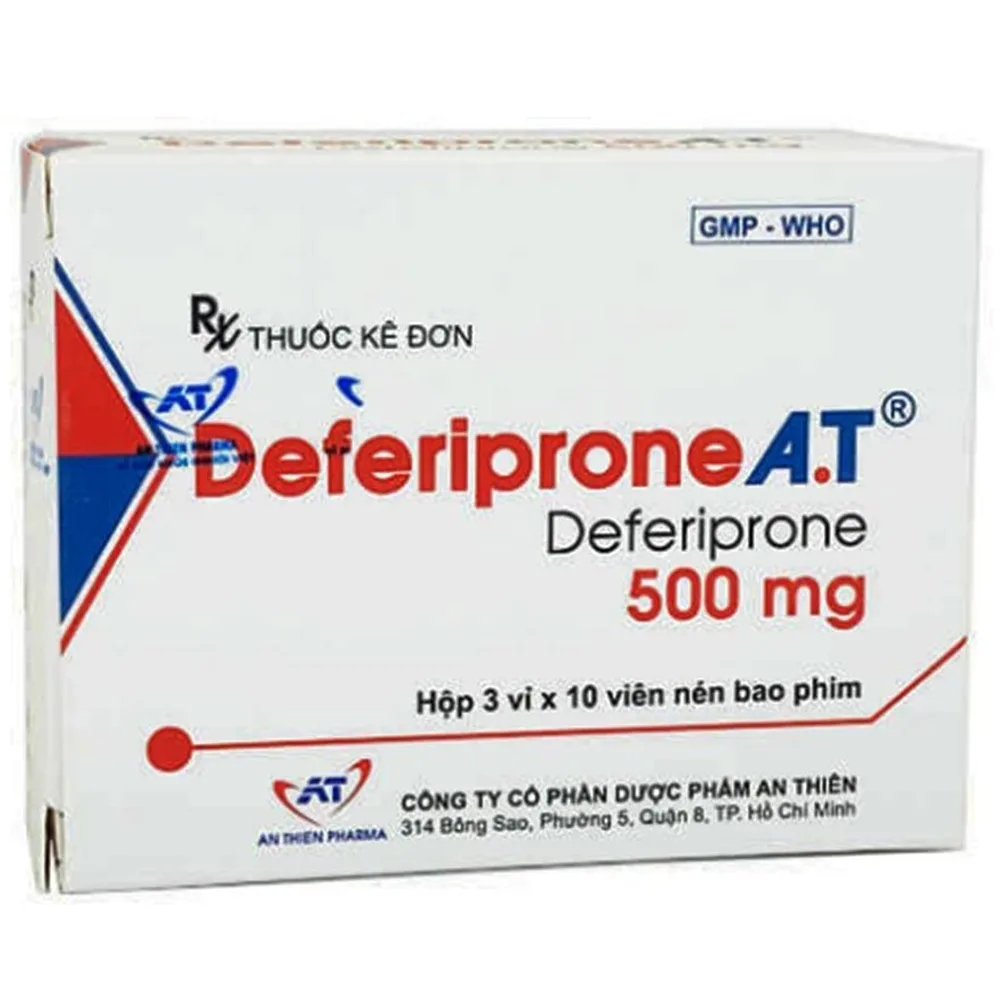 Hình ảnh Thuốc Deferiprone A.T 500mg An Thiên điều trị nhiễm Hemosiderin (3 vỉ x 10 viên)