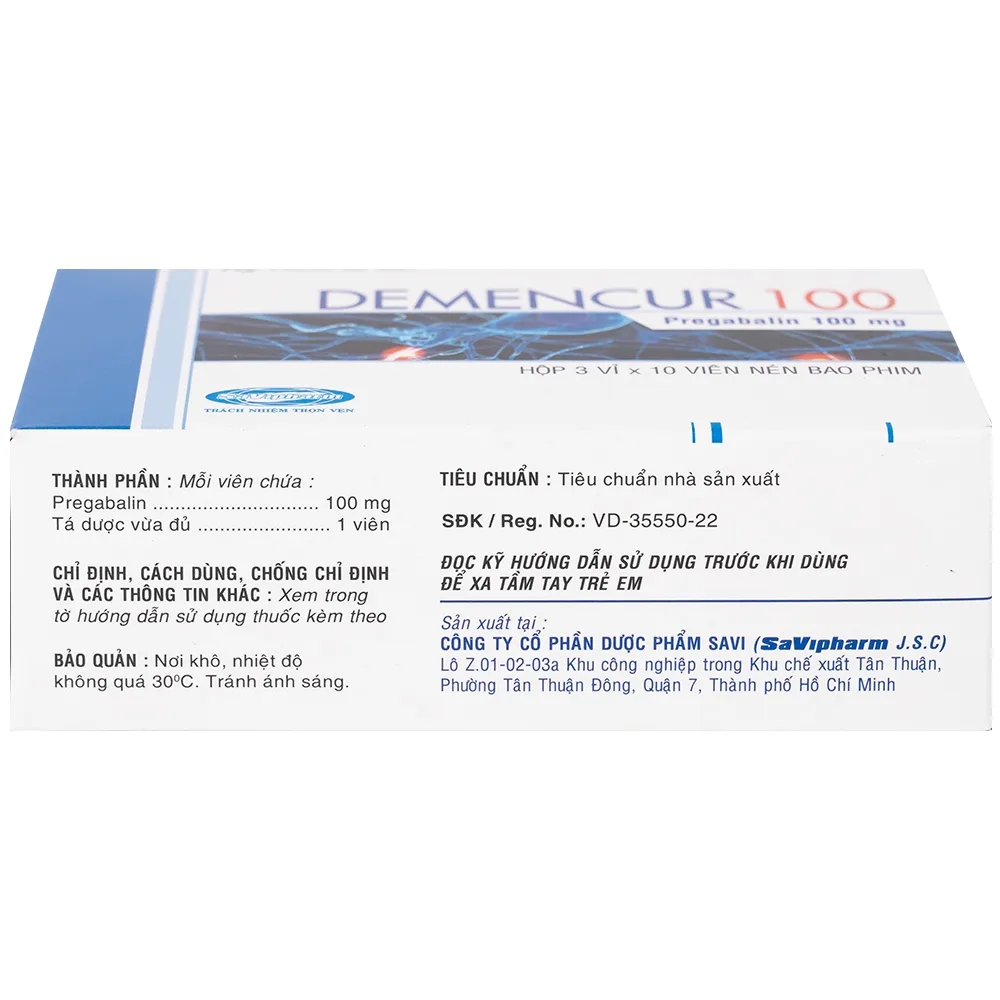 Hình ảnh Thuốc Demencur 100 DaviPharm điều trị đau thần kinh trung ương và ngoại vi (3 vỉ x 10 viên)
