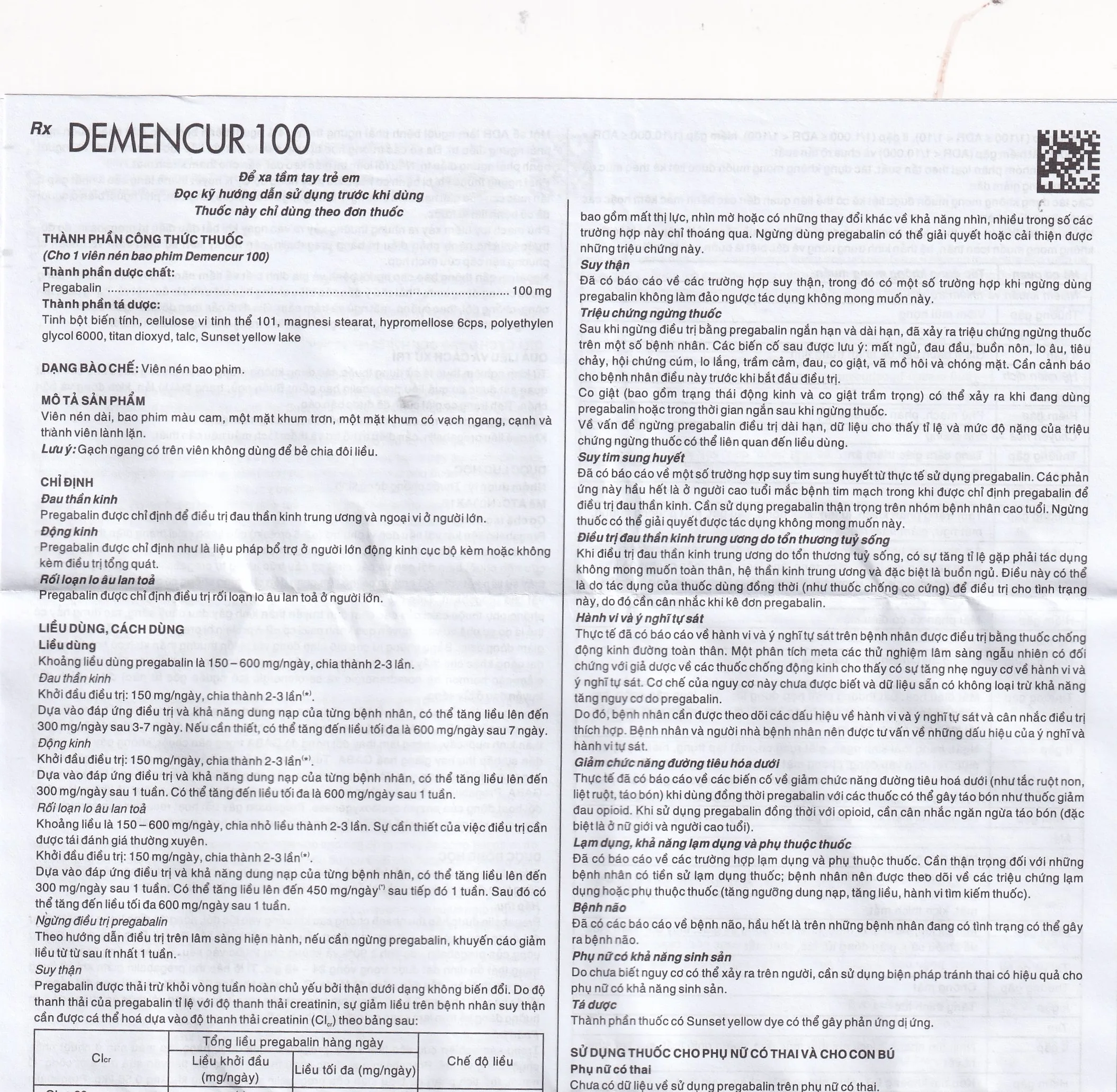 Hình ảnh Thuốc Demencur 100 DaviPharm điều trị đau thần kinh trung ương và ngoại vi (3 vỉ x 10 viên)