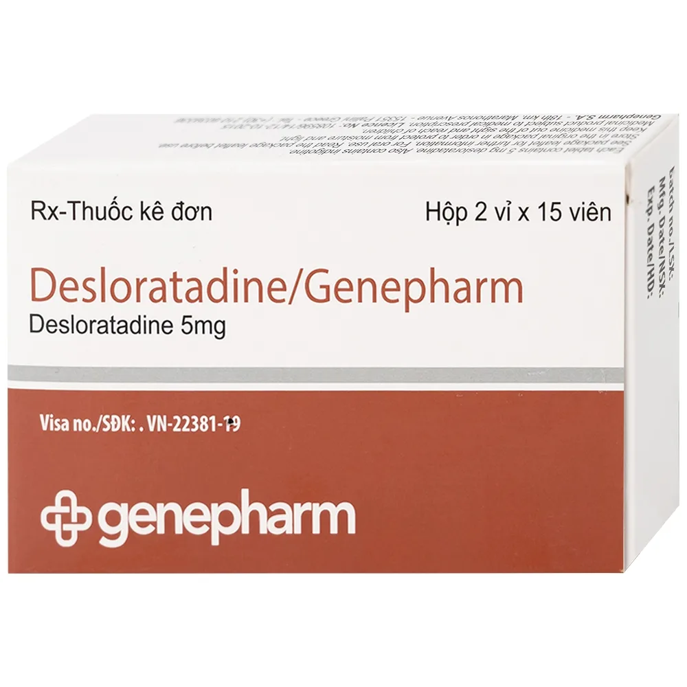 Hình ảnh Thuốc Desloratadine 5mg Genepharm giảm các triệu chứng viêm mũi dị ứng, mày đay (2 vỉ x 15 viên)