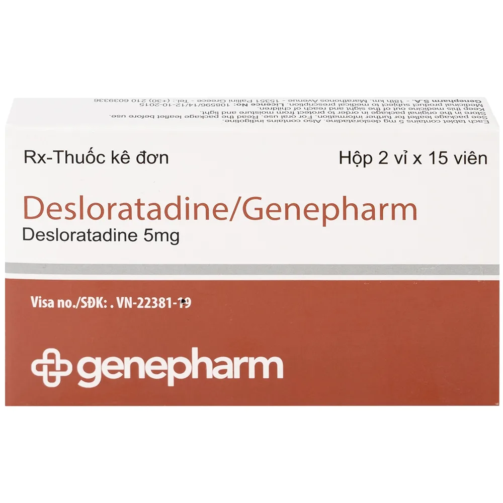 Hình ảnh Thuốc Desloratadine 5mg Genepharm giảm các triệu chứng viêm mũi dị ứng, mày đay (2 vỉ x 15 viên)
