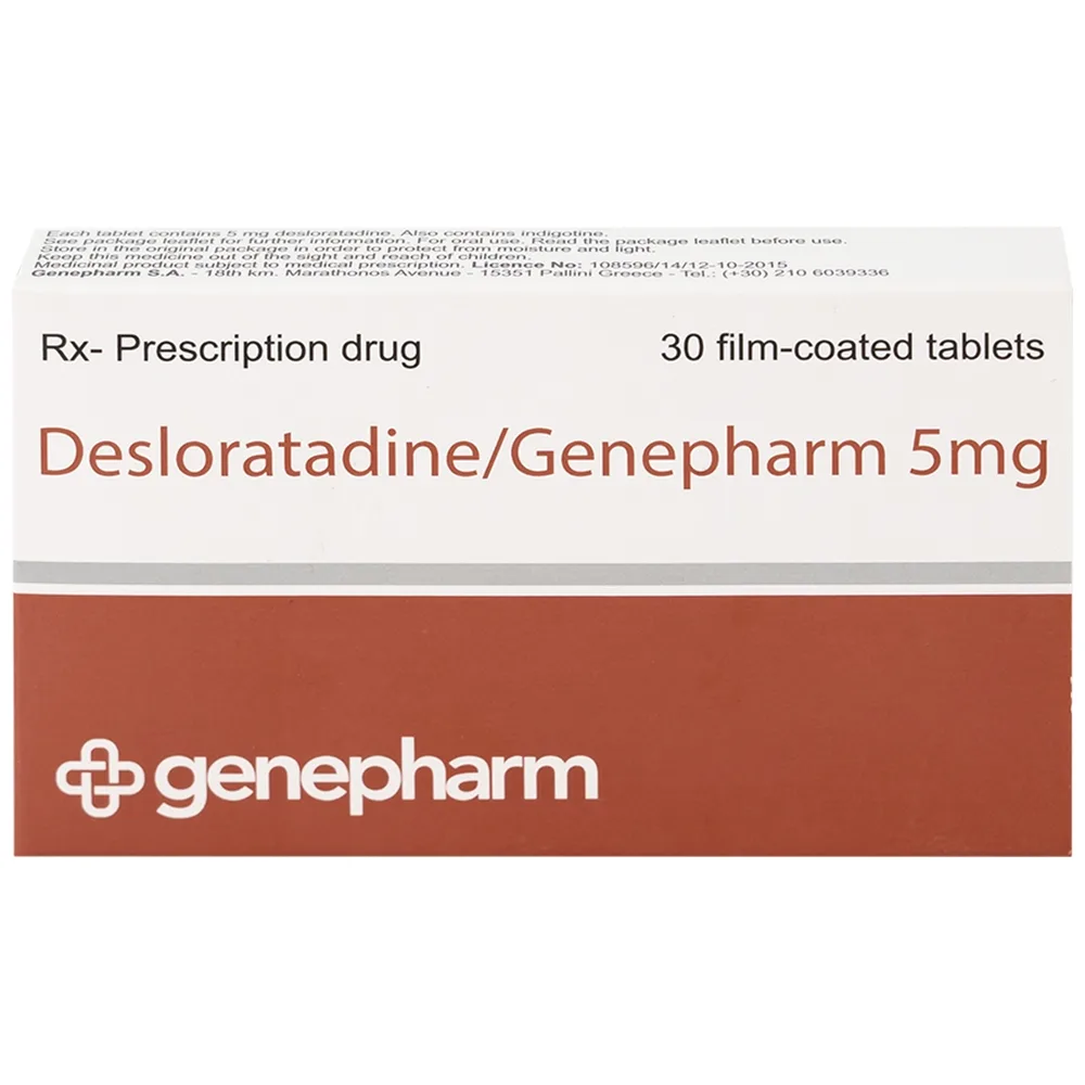 Hình ảnh Thuốc Desloratadine 5mg Genepharm giảm các triệu chứng viêm mũi dị ứng, mày đay (2 vỉ x 15 viên)