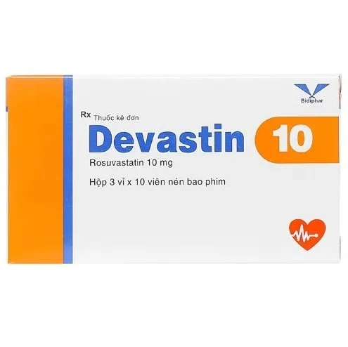 Hình ảnh Thuốc Devastin 10 Bidiphar điều trị tăng cholesterol máu nguyên phát, rối loạn lipid máu hỗn hợp (3 vỉ x 10 viên)