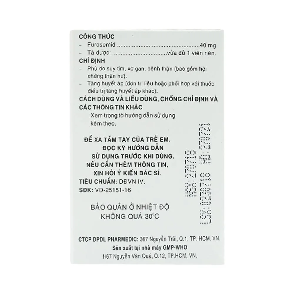 Hình ảnh Thuốc Diurefar 40 Pharmedic điều trị tăng huyết áp, phù do suy tim, xơ gan, bệnh thận (10 vỉ x 12 viên)