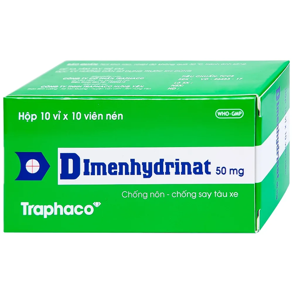 Hình ảnh Thuốc Dimenhydrinat 50mg Traphaco chống nôn, chống say tàu xe (10 vỉ x 10 viên)