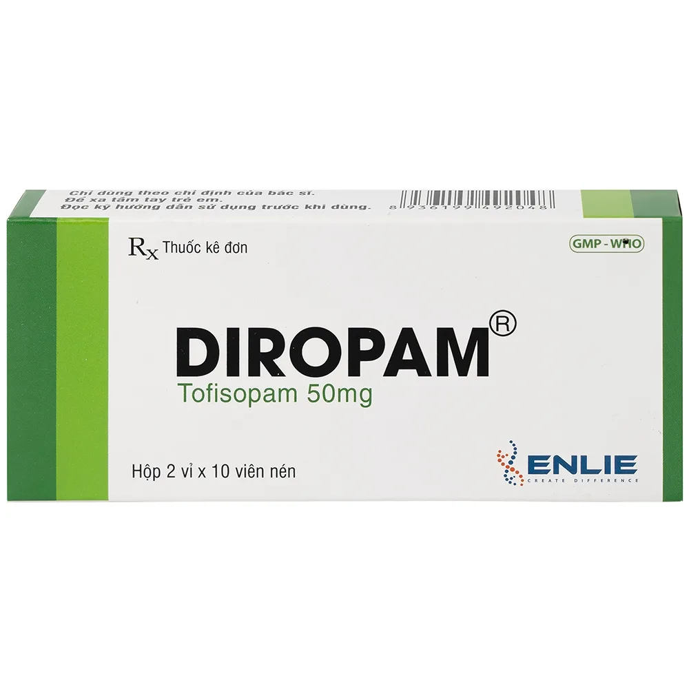 Hình ảnh Thuốc Diropam 50mg Enlie điều trị triệu chứng đau thắt ngực giả, tiền mê sảng (2 vỉ x 10 viên)