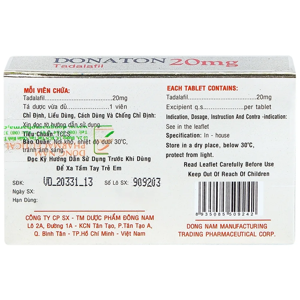 Hình ảnh Thuốc Donaton 20 Đông Nam điều trị rối loạn chức năng cương cứng dương vật (2 vỉ x 2 viên)
