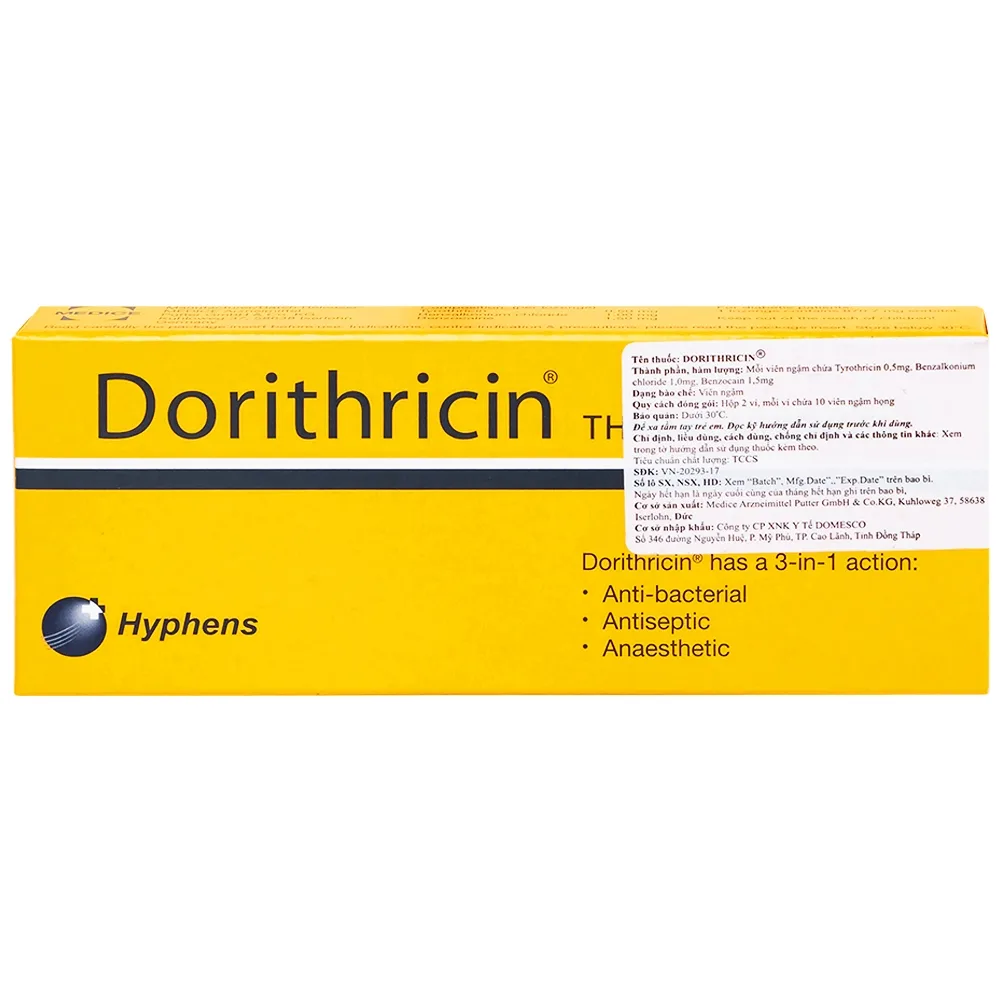 Hình ảnh Viên ngậm Dorithricin Hyphens điều trị các triệu chứng nhiễm khuẩn miệng, họng (20 viên)