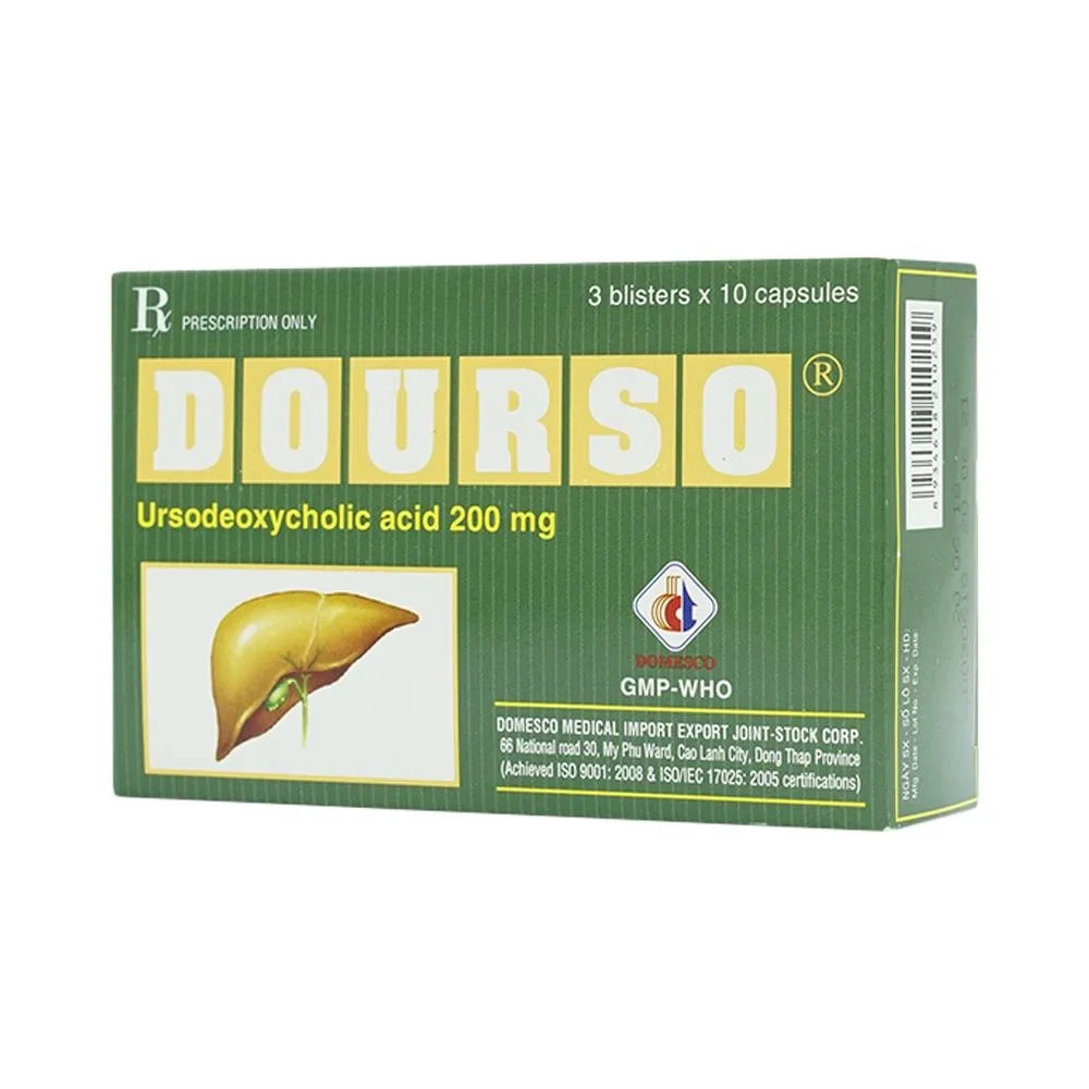 Hình ảnh Thuốc Dourso 200mg Domesco điều trị sỏi túi mật cholesterol (3 vỉ x 10 viên)