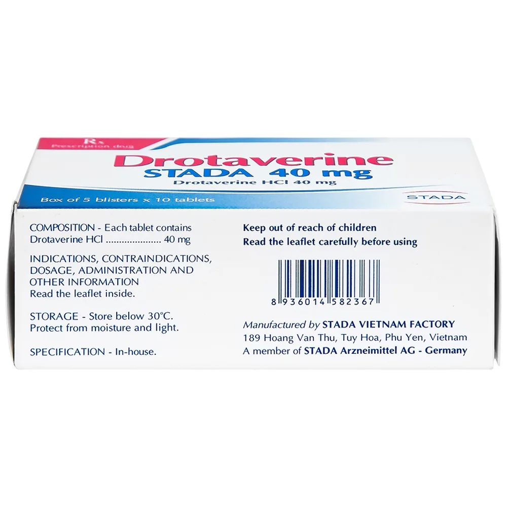 Hình ảnh Thuốc Drotaverine Stada 40mg điều trị co thắt dạ dày, ruột, hội chứng ruột kích thích (5 vỉ x 10 viên)