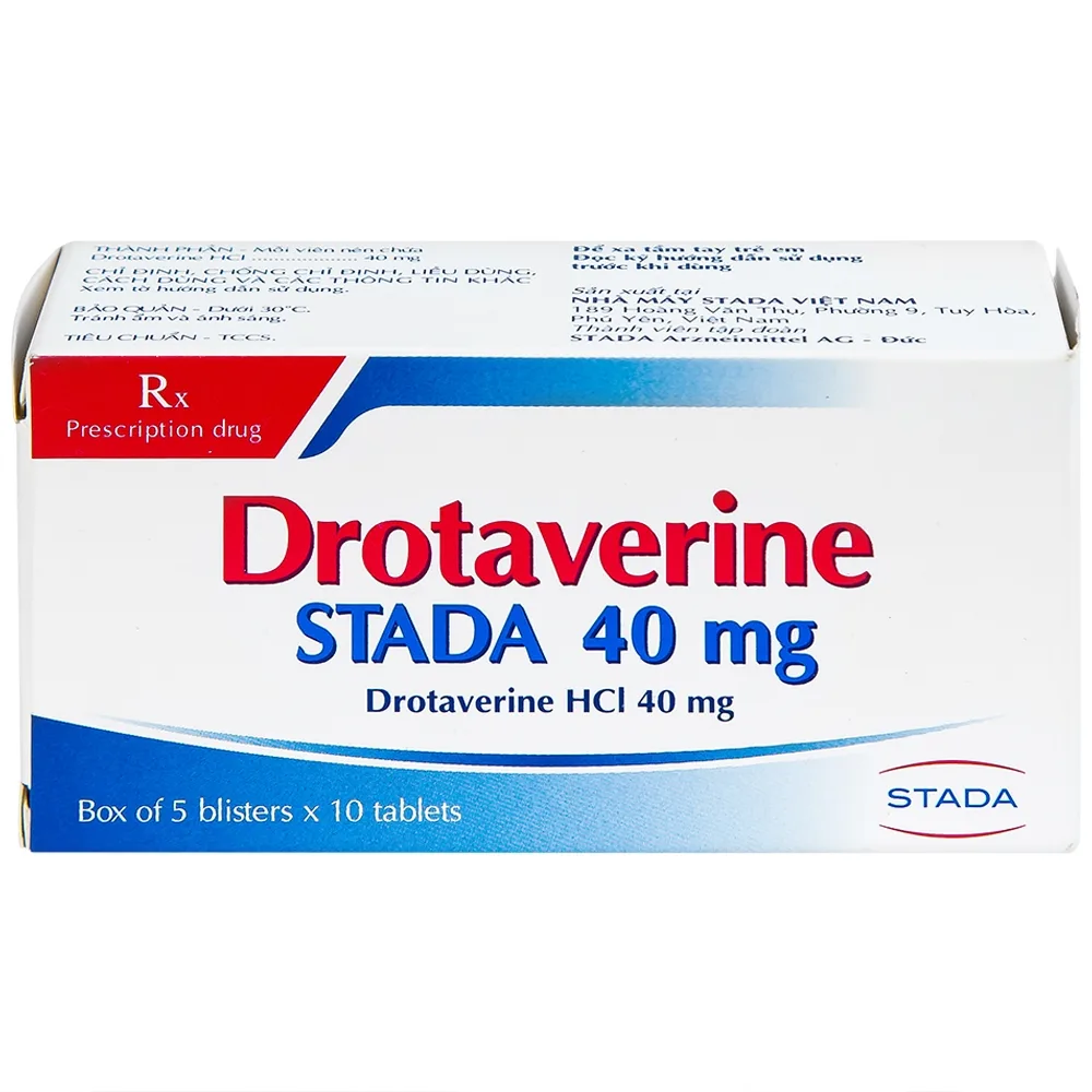 Hình ảnh Thuốc Drotaverine Stada 40mg điều trị co thắt dạ dày, ruột, hội chứng ruột kích thích (5 vỉ x 10 viên)