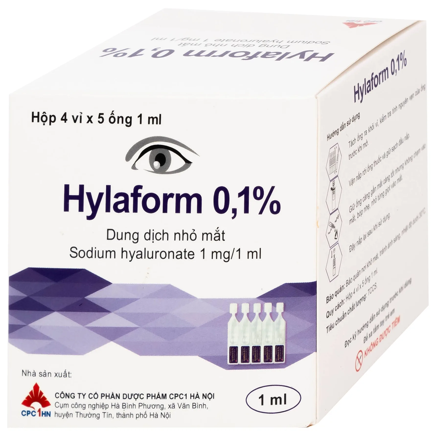 Hình ảnh Thuốc nhỏ mắt Hylaform 0,1% CPC1HN điều trị triệu chứng khô mắt, rối loạn biểu mô giác mạc (4 vỉ x 5 ống)